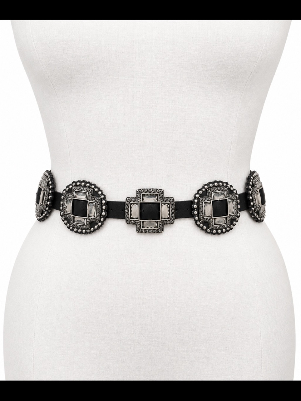 Black Genuine Leather (stamped) Western Cross Concho Belt